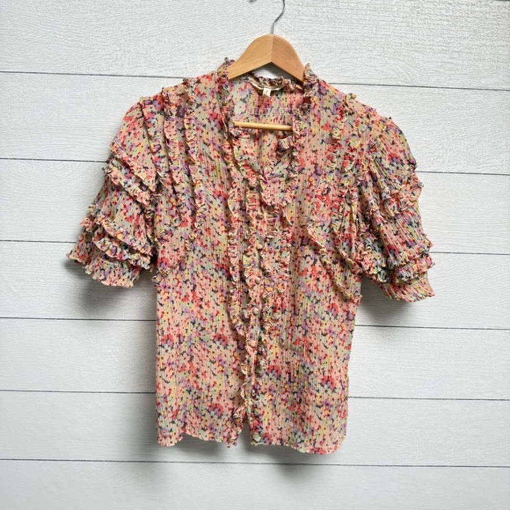 Rebecca Taylor | Silk & Cotton Pink Speckled Ruffle Ruched Blouse - Size 2